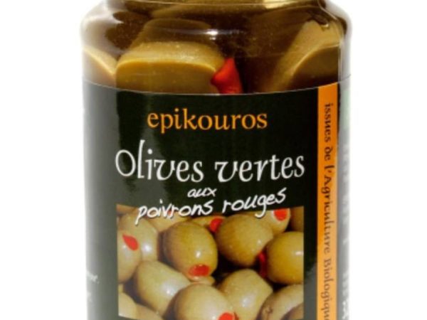 Epikouros Organic Olives Green With Red Pepper – 320g